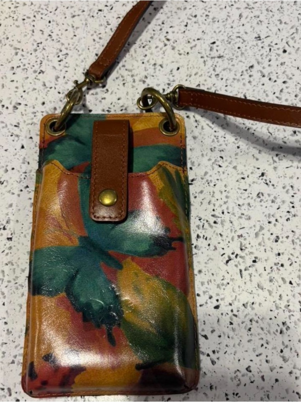 Patricia Nash Multicolor Floral Leather Crossbody Wallet with Brown Strap EUC